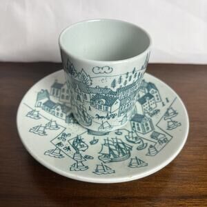 Vtg ‘60s Nymolle Art Faience Denmark Cup & Saucer Set Ceramic by Paul Hoyrup Sea